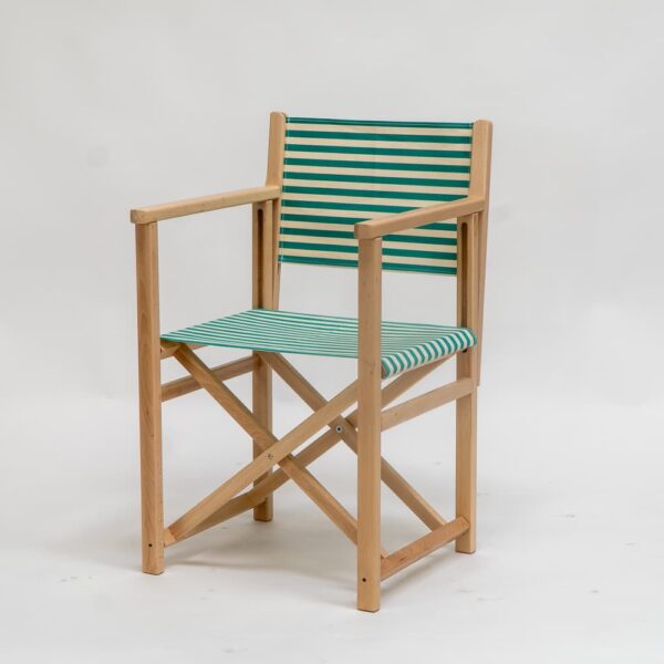 Beechwood Director's Chair with Clippo green fabric, green and white stripes, viewed at an angle - created by Decks and Stipes Ireland