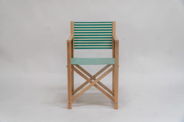 Beechwood Director's Chair with Clippo green fabric, green, and white stripes, viewed from the front - created by Decks and Stipes Ireland