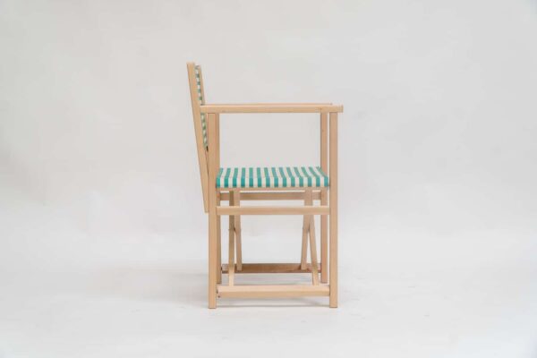 Beechwood Director's Chair with Clippo green fabric, green and white stripes, viewed from the side - created by Decks and Stipes Ireland
