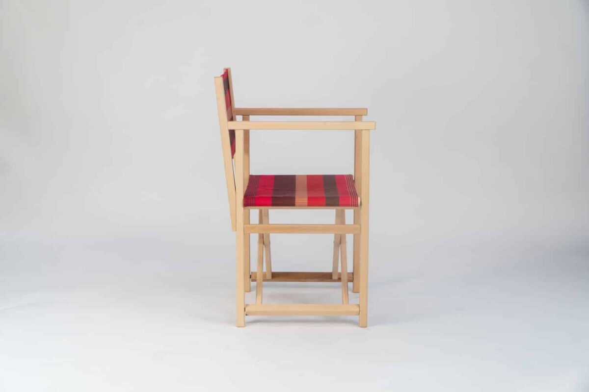 Beechwood Director's Chair with Cordoba fabric red, brown, black and grey stripes, viewed from the the side - created by Decks and Stipes Ireland
