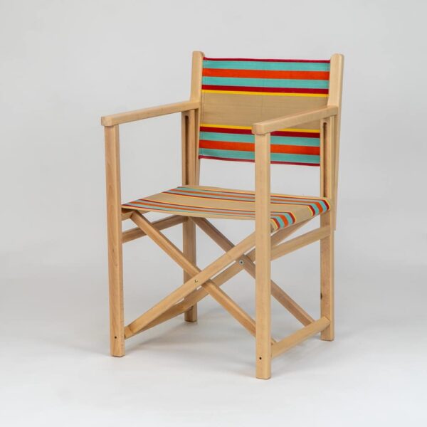 Beechwood Director's Chair with Dice Fabric, fawn, terracotta, turquoise, red and stripes, yellow, viewed at an angle - created by Decks and Stipes Ireland