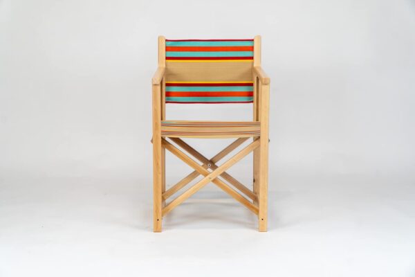Beechwood Director's Chair with Dice Fabric, fawn, terracotta, turquoise, red and yellow stripes, viewed from the front - created by Decks and Stipes Ireland