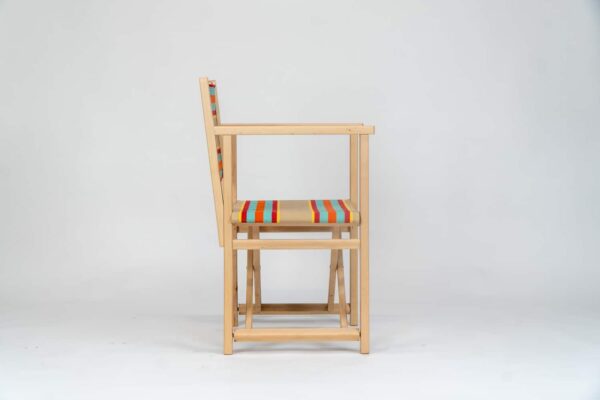 Beechwood Director's Chair with Dice Fabric, fawn, terracotta, turquoise, red and yellow stripes, viewed from the side - created by Decks and Stipes Ireland