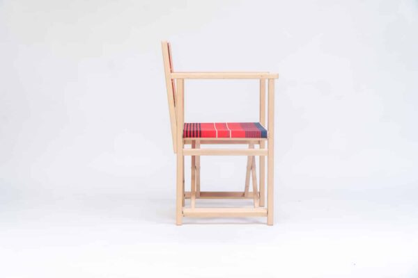 Beechwood Director's Chair with Garance fabric, red, white, grey, black stripes, viewed from the side - created by Decks and Stipes Ireland