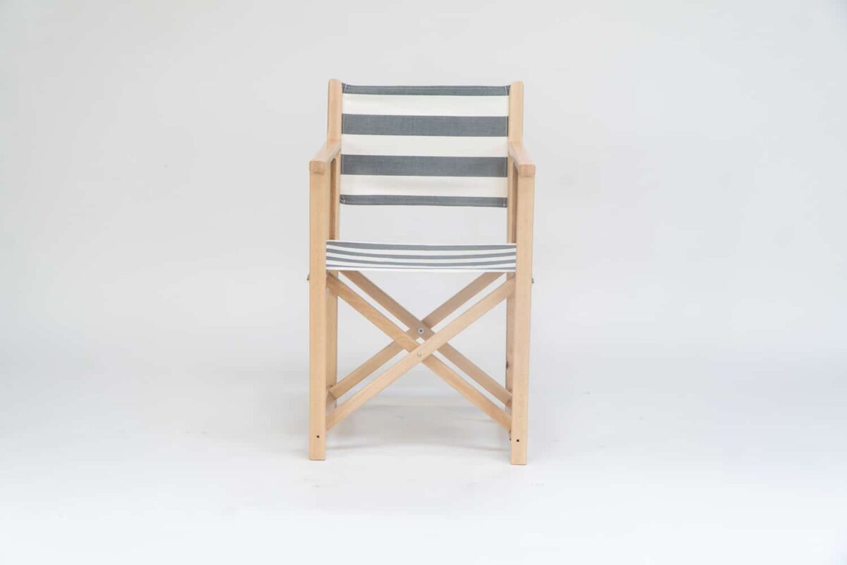 Beechwood Director's Chair with Hurling fabric, charcoal and white stripes, viewed from the front - created by Decks and Stipes Ireland