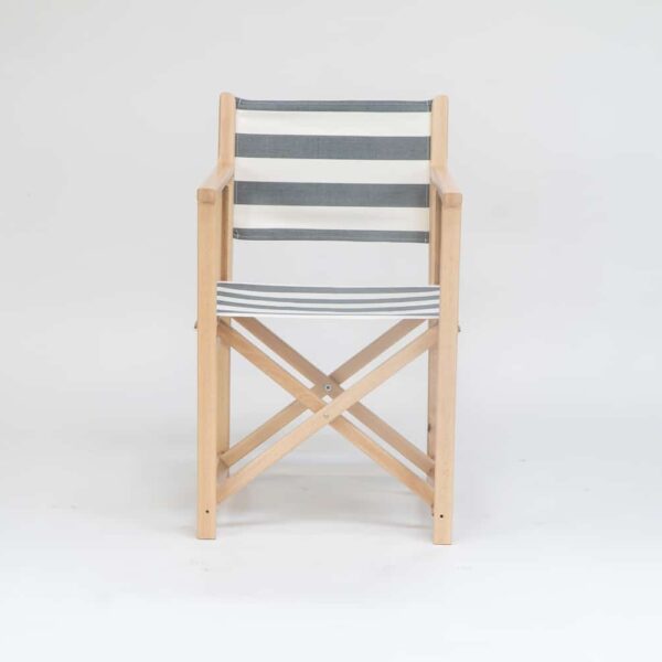 Beechwood Director's Chair with Hurling fabric, charcoal and white stripes, viewed from the front - created by Decks and Stipes Ireland