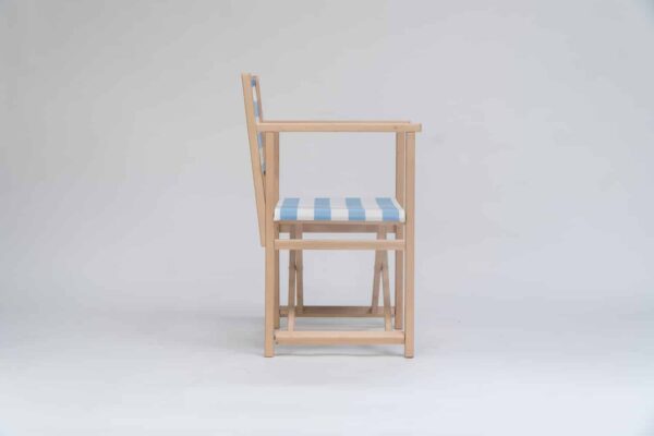 Beechwood Director's Chair with Ice Dancing fabric, sky blue and white stripes, viewed from the side - created by Decks and Stipes Ireland