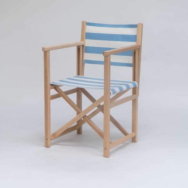 Beechwood Director's Chair with Ice Dancing fabric, sky blue and white stripes, viewed froman angle - created by Decks and Stipes Ireland