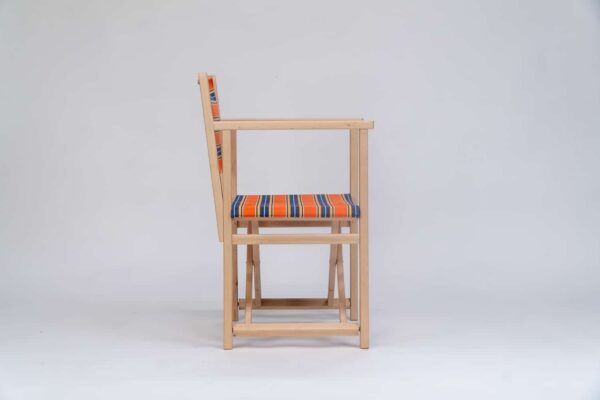 Beechwood Director's Chair with Jazz fabric, rust, blue, yellow, white and black stripes, viewed from the side - created by Decks and Stipes Ireland