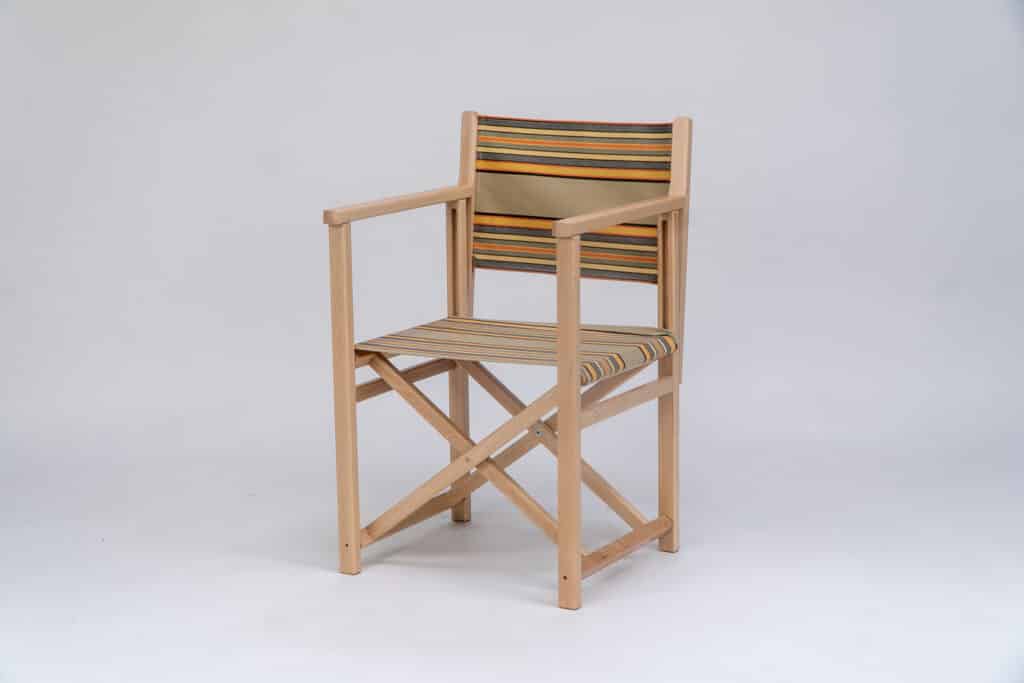 Beechwood Director's Chair with Kickball fabric, khaki, coral, black and blue stripes, viewed from an angle - created by Decks and Stipes Ireland