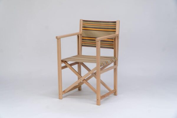 Beechwood Director's Chair with Kickball fabric, khaki, coral, black and blue stripes, viewed from an angle - created by Decks and Stipes Ireland