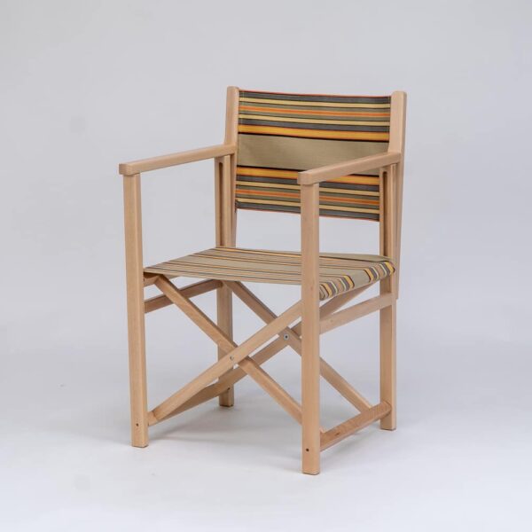 Beechwood Director's Chair with Kickball fabric, khaki, coral, black and blue stripes, viewed from an angle - created by Decks and Stipes Ireland