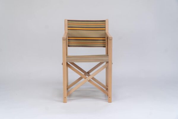 Beechwood Director's Chair with Kickball fabric, khaki, coral, black and blue stripes, viewed from the front - created by Decks and Stipes Ireland