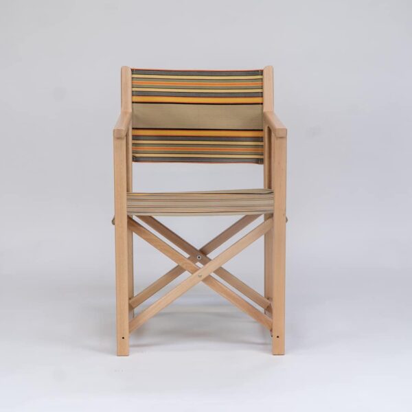 Beechwood Director's Chair with Kickball fabric, khaki, coral, black and blue stripes, viewed from the front - created by Decks and Stipes Ireland