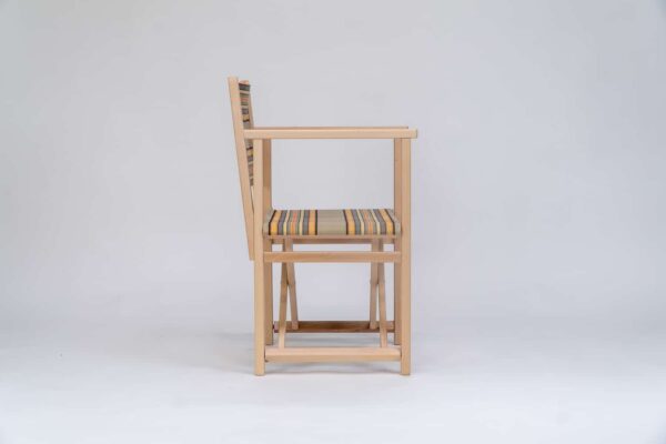 Beechwood Director's Chair with Kickball fabric, khaki, coral, black and blue stripes, viewed from the side - created by Decks and Stipes Ireland