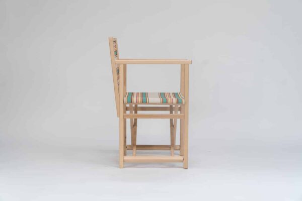 Beechwood Director's Chair with Lido fabric, beige, jade, red and yellow stripes, viewed from the side - created by Decks and Stipes Ireland