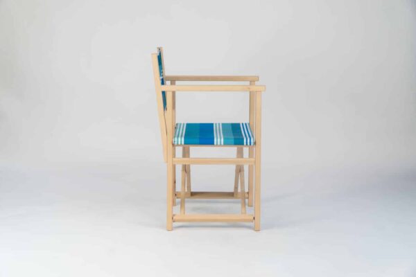 Beechwood Director's Chair with Madrague fabric, turquoise, blue, green and white stripes, viewed from an side - created by Decks and Stipes Ireland