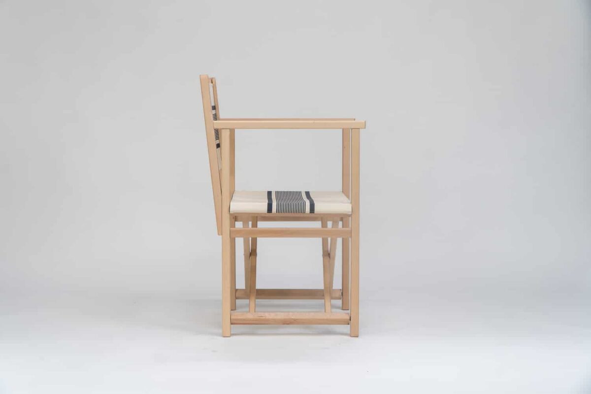 Beechwood Director's Chair with Maite Encre fabric, ink and cream stripes, viewed from the side - created by Decks and Stipes Ireland
