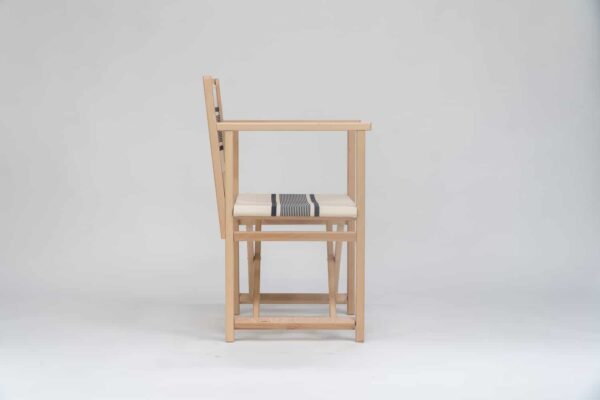 Beechwood Director's Chair with Maite Encre fabric, ink and cream stripes, viewed from the side - created by Decks and Stipes Ireland