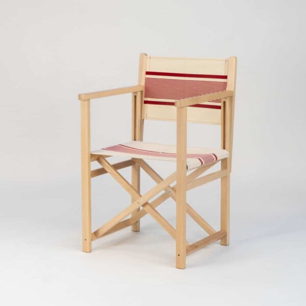 Beechwood Director's Chair with Maite Rogue fabric, red and cream stripes, viewed from an angle - created by Decks and Stripes Ireland