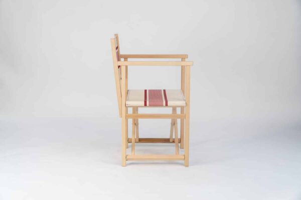 Beechwood Director's Chair with Maite Rogue fabric, red and cream stripes, viewed from the side - created by Decks and Stipes Ireland