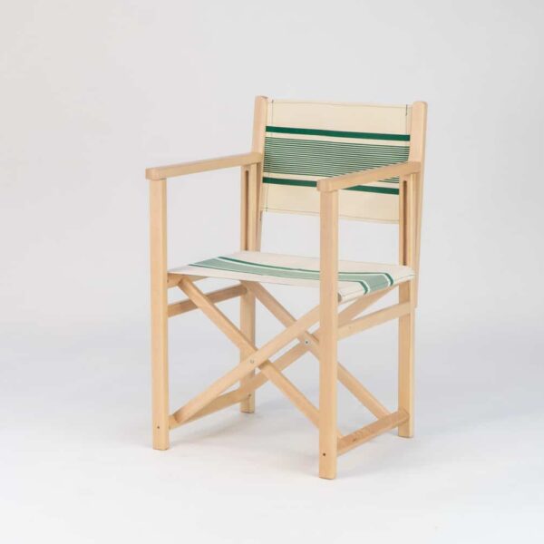 Beechwood Director's Chair with Maite Vert fabric, green and cream stripes, viewed from angle - created by Decks and Stripes Ireland