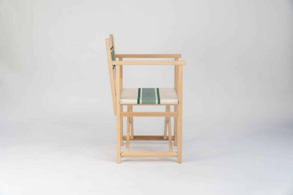 Beechwood Director's Chair with Maite Vert fabric, green and cream stripes, viewed from the side - created by Decks and Stipes Ireland