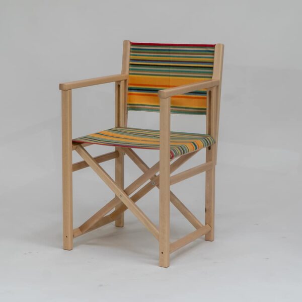Beechwood Director's Chair with Medley fabric, red, orange, green, black, yellow and blue stripes, viewed from angle - created by Decks and Stipes Ireland (2)