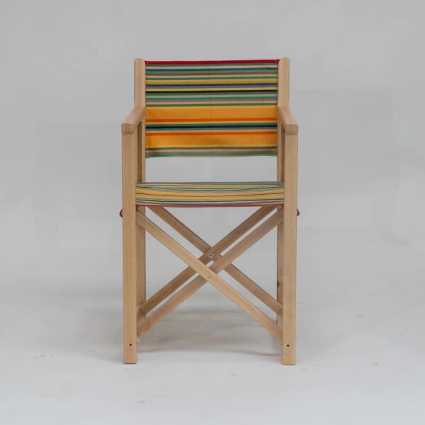 Beechwood Director's Chair with Medley fabric, red, orange, green, black, yellow and blue stripes, viewed from the front - created by Decks and Stipes Ireland