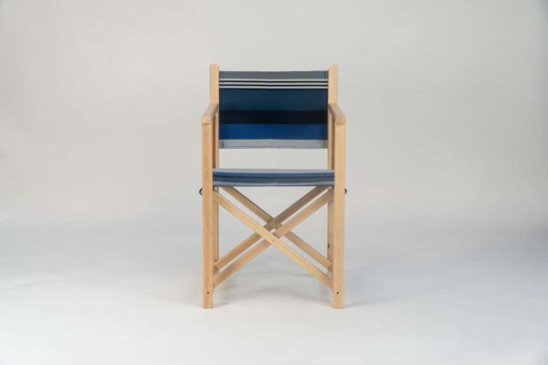 Beechwood Director's Chair with Miramar fabric, navy, blue black and white stripes, viewed from the front - created by Decks and Stipes Ireland