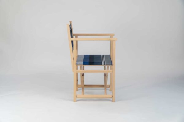 Beechwood Director's Chair with Miramar fabric, navy, blue black and white stripes, viewed from the side - created by Decks and Stipes Ireland