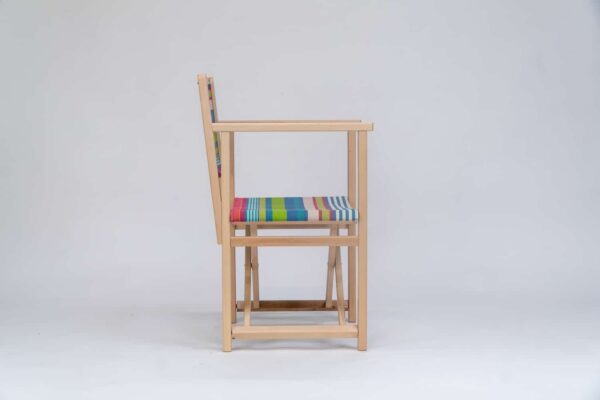 Beechwood Director's Chair with Orienteering fabric, green, blue, pink, plum, white and terracotta stripes, viewed from the side - created by Decks and Stipes Ireland