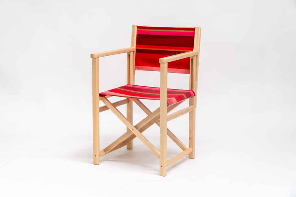 Beechwood Director's Chair with Ping Pong fabric, red, pink and green stripes, viewed at an angle - created by Decks and Stipes Ireland