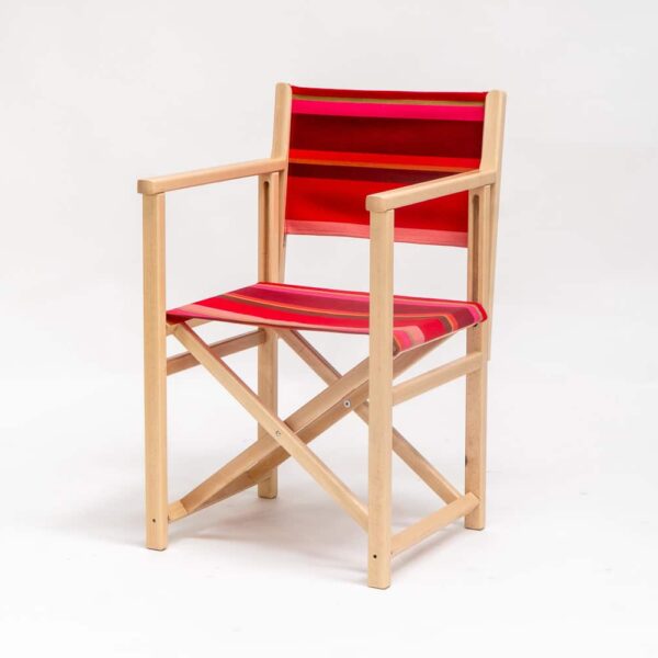 Beechwood Director's Chair with Ping Pong fabric, red, pink and green stripes, viewed at an angle - created by Decks and Stipes Ireland