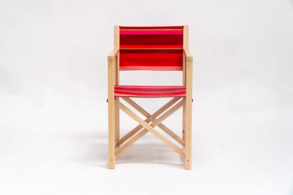 Beechwood Director's Chair with Ping Pong fabric, red, pink and green stripes, viewed from the front - created by Decks and Stipes Ireland