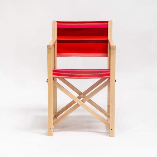 Beechwood Director's Chair with Ping Pong fabric, red, pink and green stripes, viewed from the front - created by Decks and Stipes Ireland