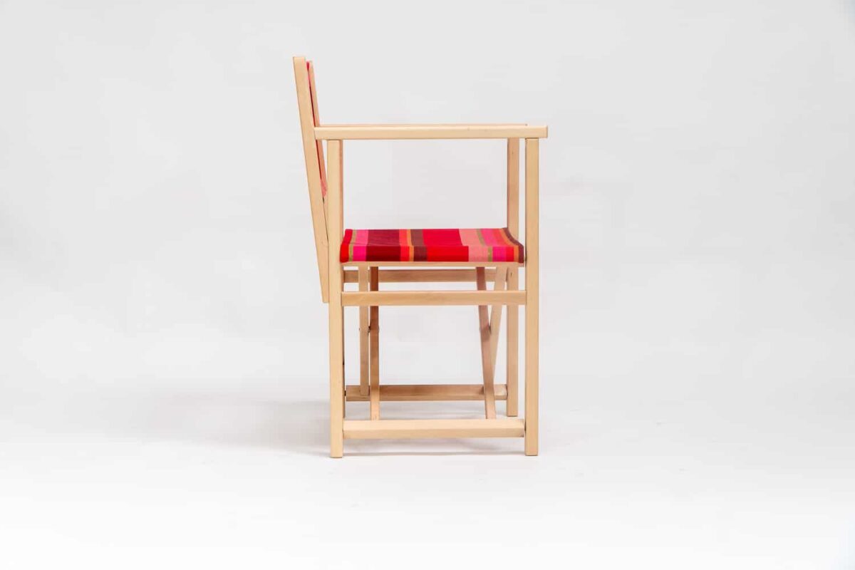 Beechwood Director's Chair with Ping Pong fabric, red, pink and green stripes, viewed from the side - created by Decks and Stipes Ireland