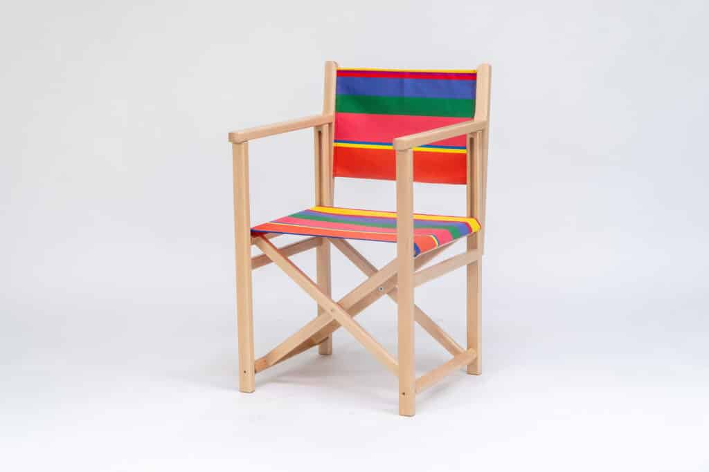 Beechwood Director's Chair with Porto Rico fabric, pink, green, blue, navy & yellow stripes, viewed at an angle - created by Decks and Stipes Ireland