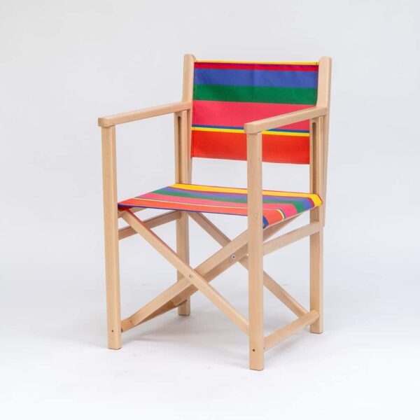 Beechwood Director's Chair with Porto Rico fabric, pink, green, blue, navy & yellow stripes, viewed at an angle - created by Decks and Stipes Ireland