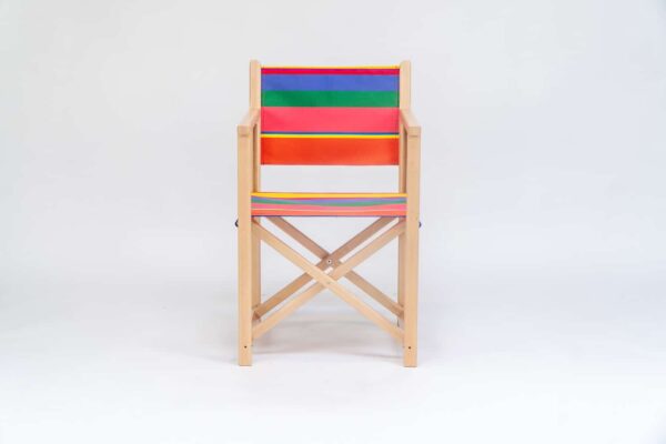 Beechwood Director's Chair with Porto Rico fabric, pink, green, blue, navy & yellow stripes, viewed from the front - created by Decks and Stipes Ireland