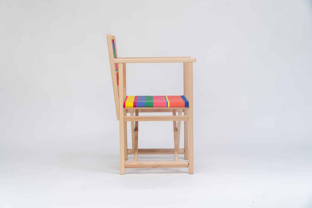 Beechwood Director's Chair with Porto Rico fabric, pink, green, blue, navy & yellow stripes, viewed from the side - created by Decks and Stipes Ireland