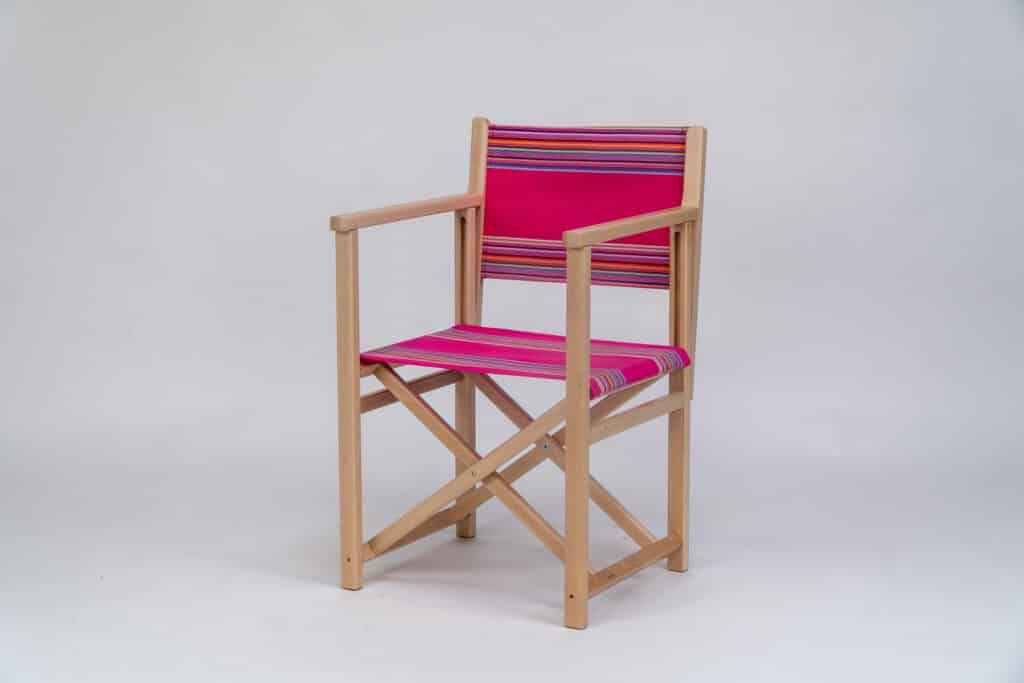 Beechwood Director's Chair with Scuba fabric, pink, purple, lavender, blue, grey and orange stripes, viewed from an angle - created by Decks and Stipes Ireland