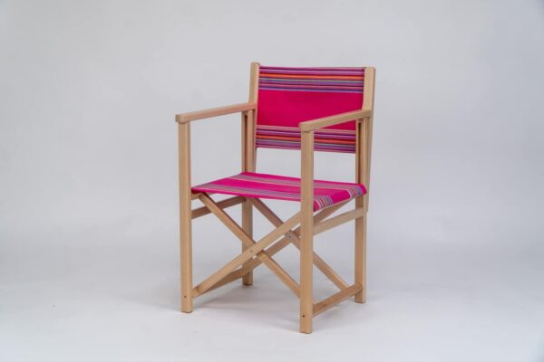 Beechwood Director's Chair with Scuba fabric, pink, purple, lavender, blue, grey and orange stripes, viewed from an angle - created by Decks and Stipes Ireland
