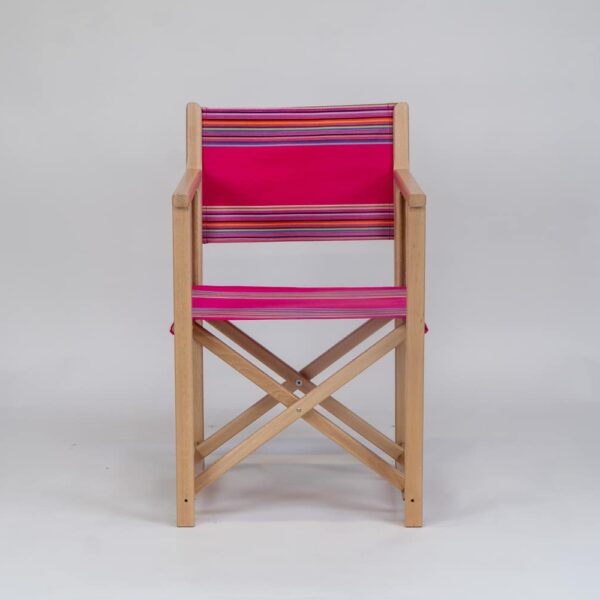 Beechwood Director's Chair with Scuba fabric, pink, purple, lavender, blue, grey and orange stripes, viewed from the front - created by Decks and Stipes Ireland