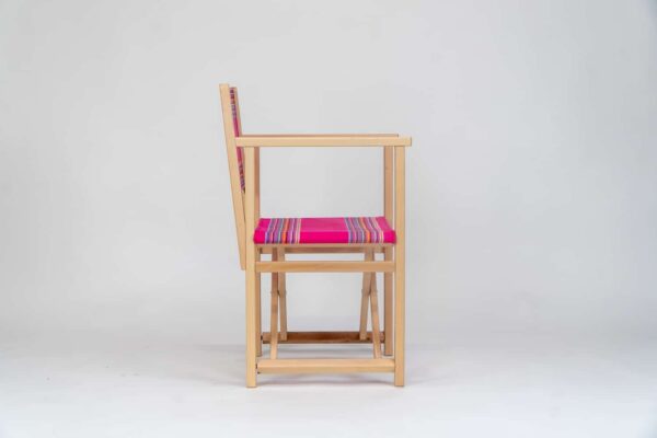 Beechwood Director's Chair with Scuba fabric, pink, purple, lavender, blue, grey and orange stripes, viewed from the side angle - created by Decks and Stipes Ireland