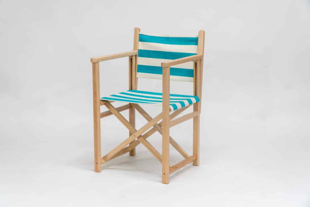 Beechwood Director's Chair with Sennen Surfing fabric, turquoise and white stripes, viewed from an angle - created by Decks and Stipes Ireland