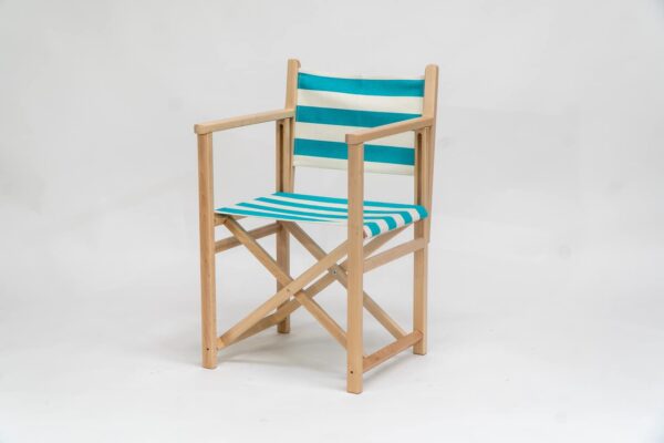 Beechwood Director's Chair with Sennen Surfing fabric, turquoise and white stripes, viewed from an angle - created by Decks and Stipes Ireland