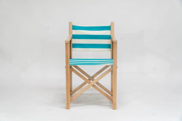 Beechwood Director's Chair with Sennen Surfing fabric, turquoise and white stripes, viewed from the front - created by Decks and Stipes Ireland