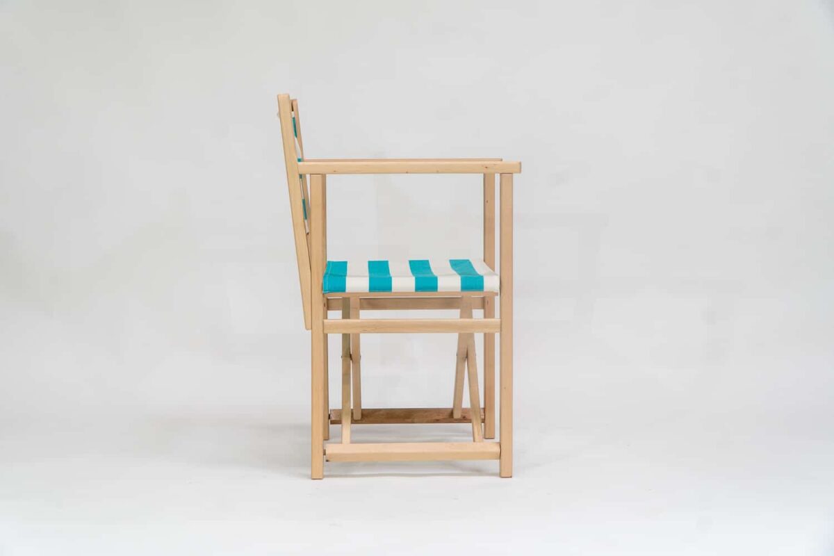 Beechwood Director's Chair with Sennen Surfing fabric, turquoise and white stripes, viewed from the side - created by Decks and Stipes Ireland