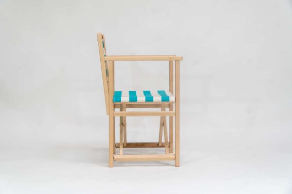 Beechwood Director's Chair with Sennen Surfing fabric, turquoise and white stripes, viewed from the side - created by Decks and Stipes Ireland